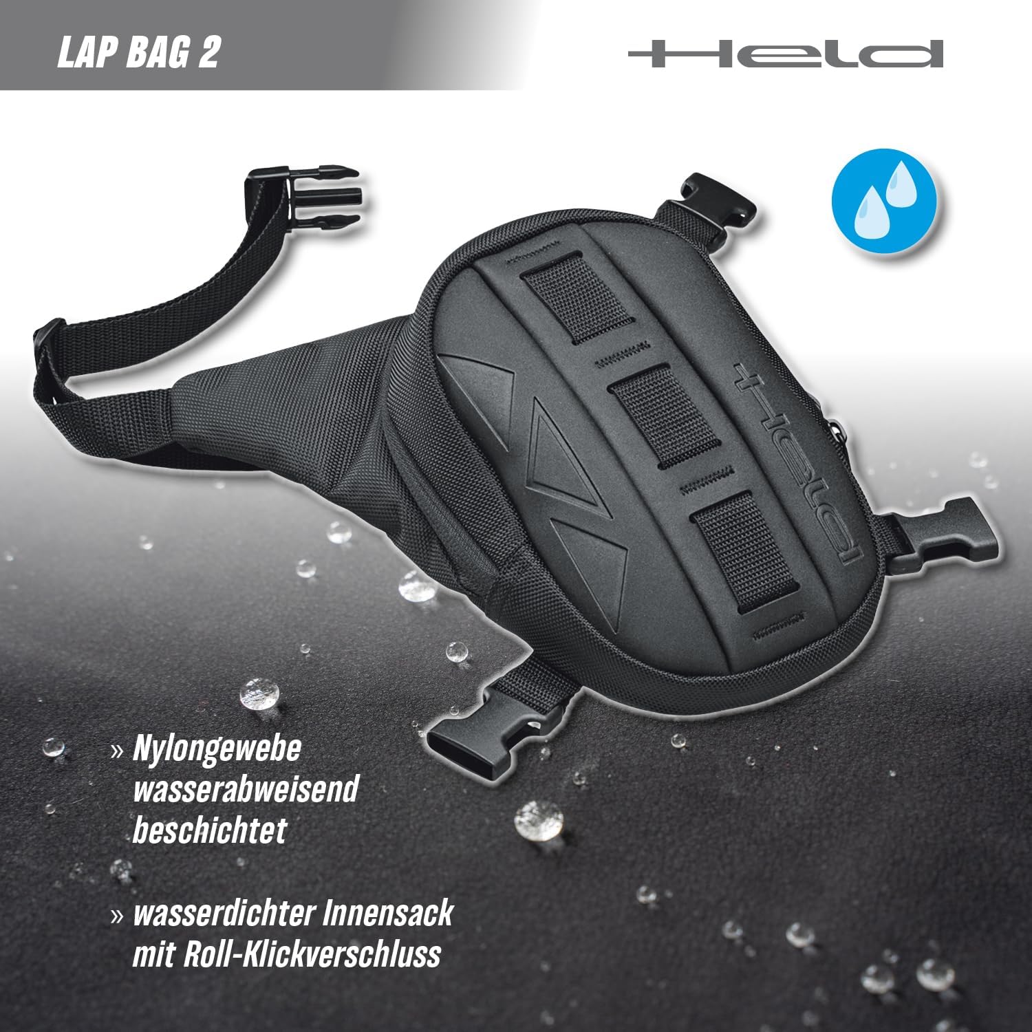 Held Lap Bag 2 Beintasche – 100 % wasserdichte Motorrad-Oberschenkeltasche für Damen & Herren mit Organizerfächern, Bauch- und Beingurt, 1 L Volumen